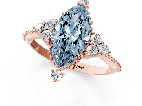 Rose gold Fancy Blue Marquise Cut Brilliant Diamond with Cluster Setting on a Beaded Band and Four-Prong Setting_1