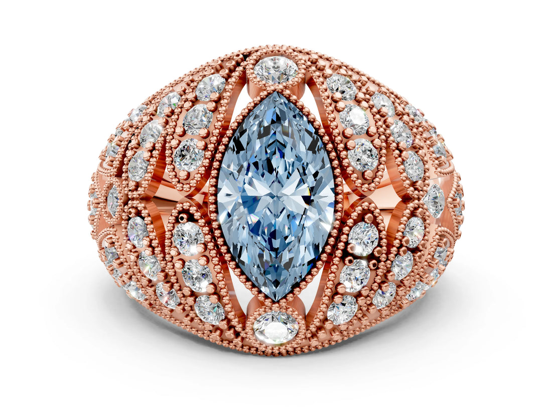 Rose gold Fancy Blue Marquise Cut Brilliant Halo Pave Diamond Milgrain Ring