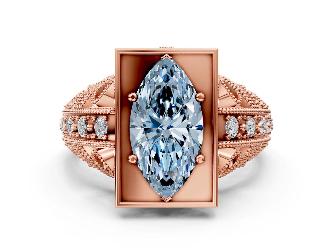 Rose gold Fancy Blue Marquise Cut Brilliant Milgrain Filigree Diamond Ring with Square Prong Setting