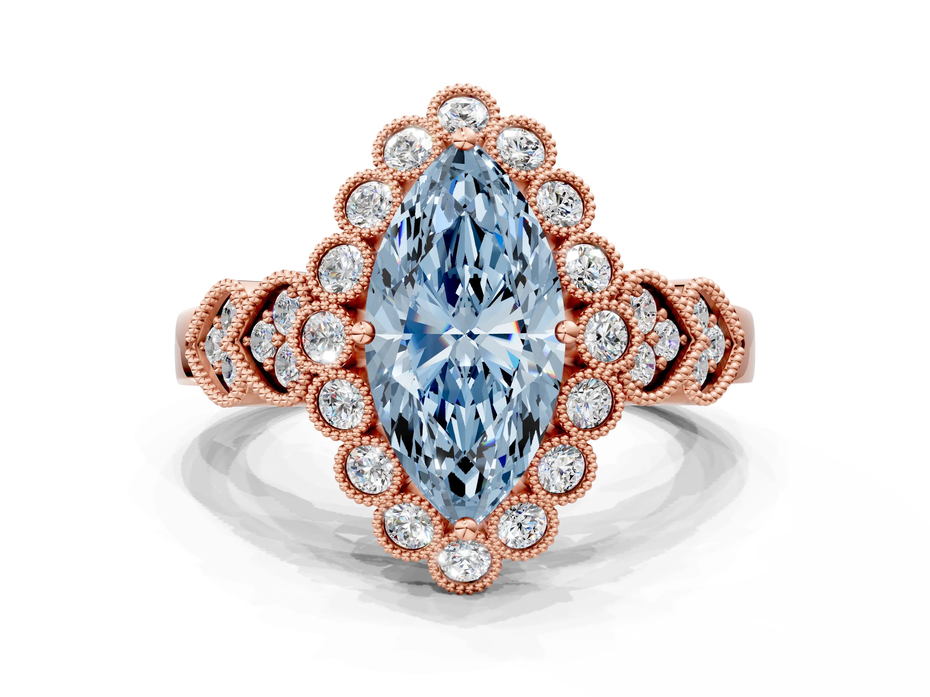 Rose gold Fancy Blue Marquise Cut Brilliant Milgrain Pave Heart Band Solitaire Ring
