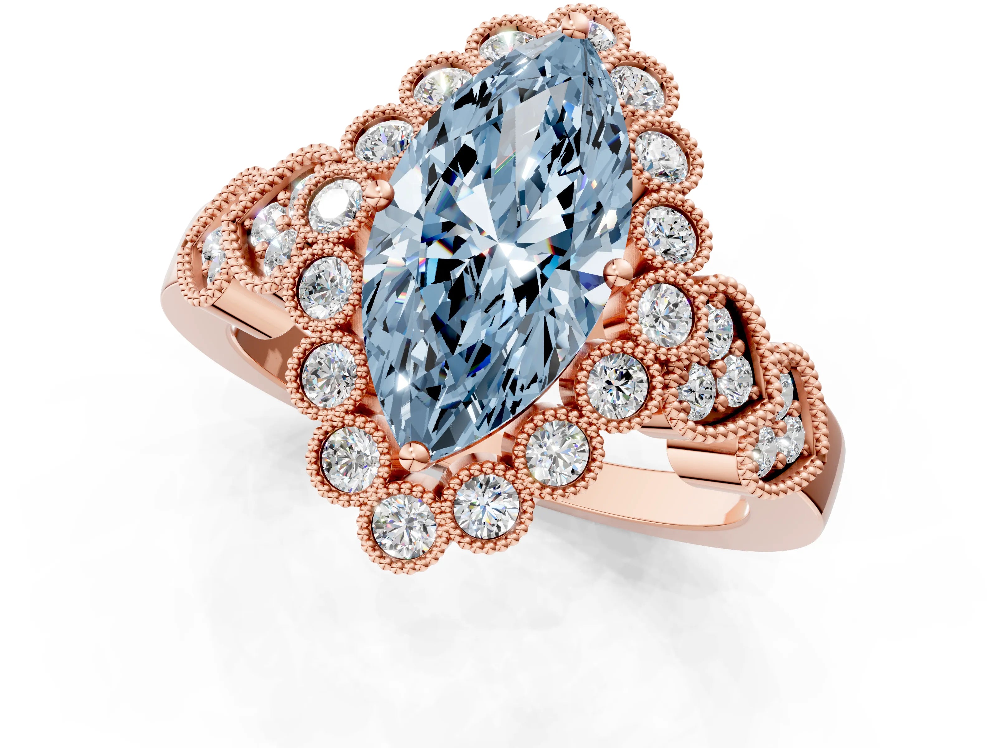 Rose gold Fancy Blue Marquise Cut Brilliant Milgrain Pave Heart Band Solitaire Ring_1