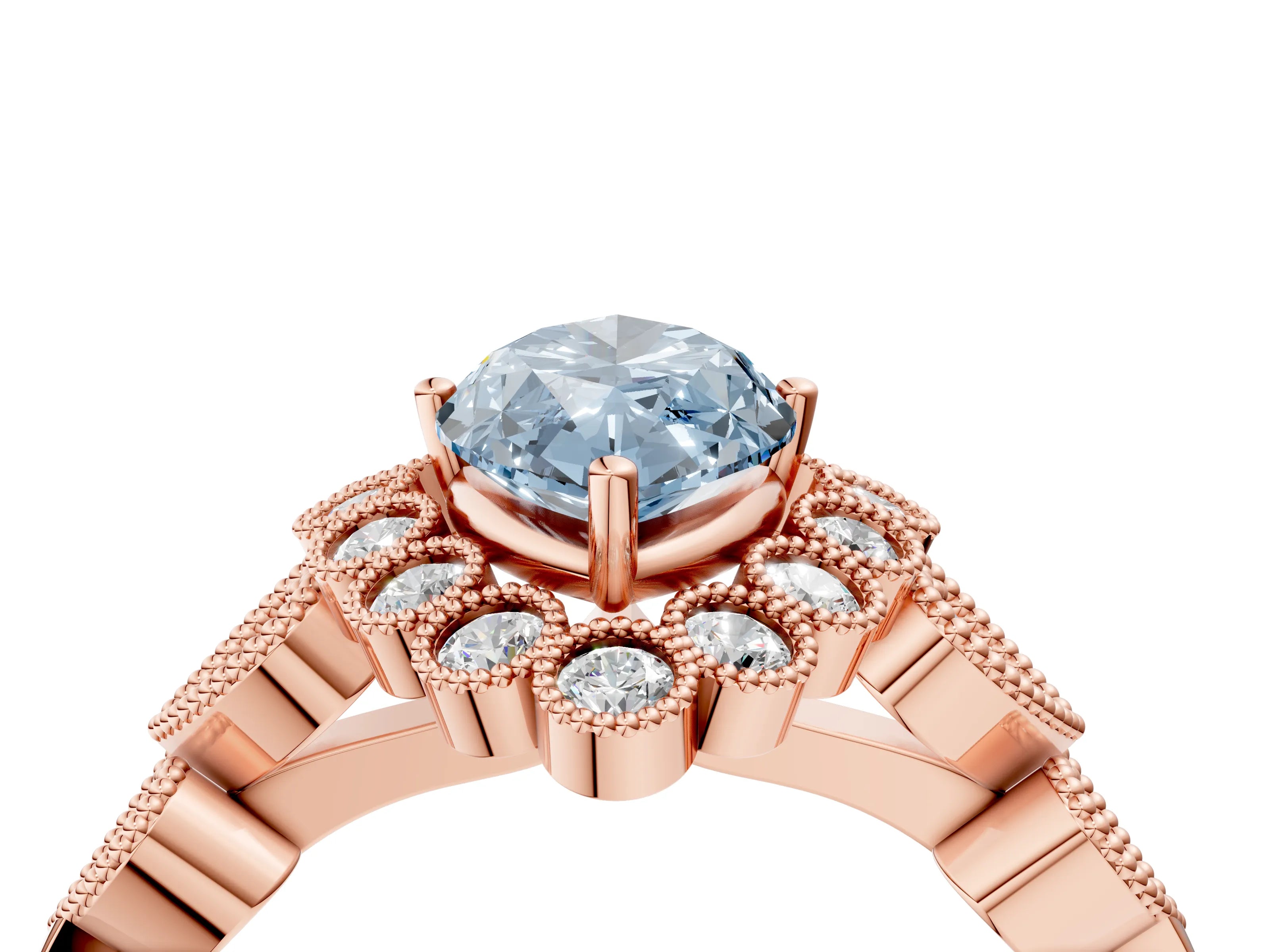 Rose gold Fancy Blue Marquise Cut Brilliant Milgrain Pave Heart Band Solitaire Ring_4