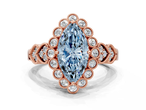 Rose gold Fancy Blue Marquise Cut Brilliant Milgrain Pave Heart Band Solitaire Ring