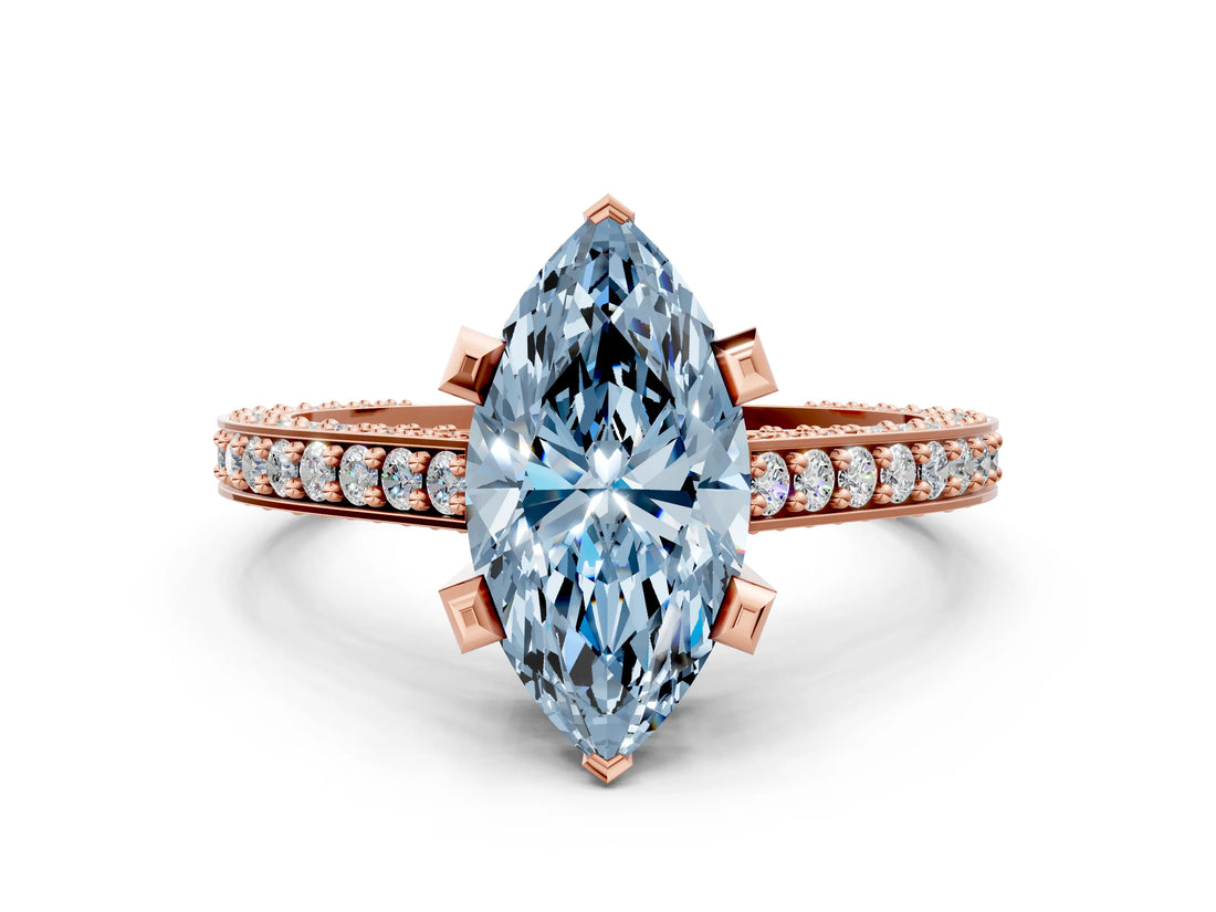 Rose gold Fancy Blue Marquise Cut Brilliant Split Shank Pave Solitaire Ring with Four-Prong Setting