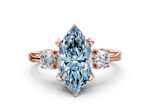 Rose gold Fancy Blue Marquise Cut Brilliant Three-Stone Diamond Ring with Pavé Band and Four-Prong Setting