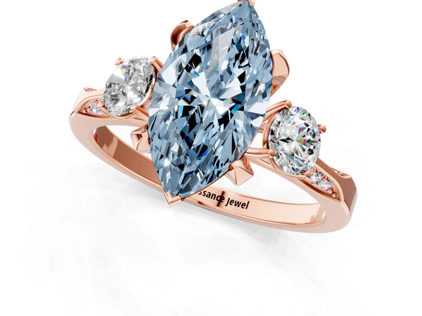 Rose gold Fancy Blue Marquise Cut Brilliant Three-Stone Diamond Ring with Pavé Band and Four-Prong Setting
