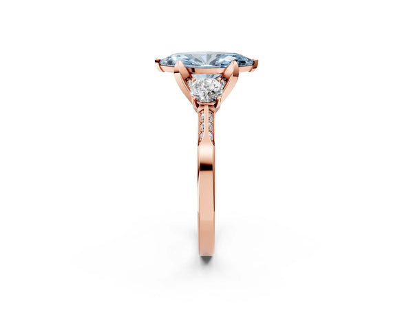 Rose gold Fancy Blue Marquise Cut Brilliant Three-Stone Diamond Ring with Pavé Band and Four-Prong Setting
