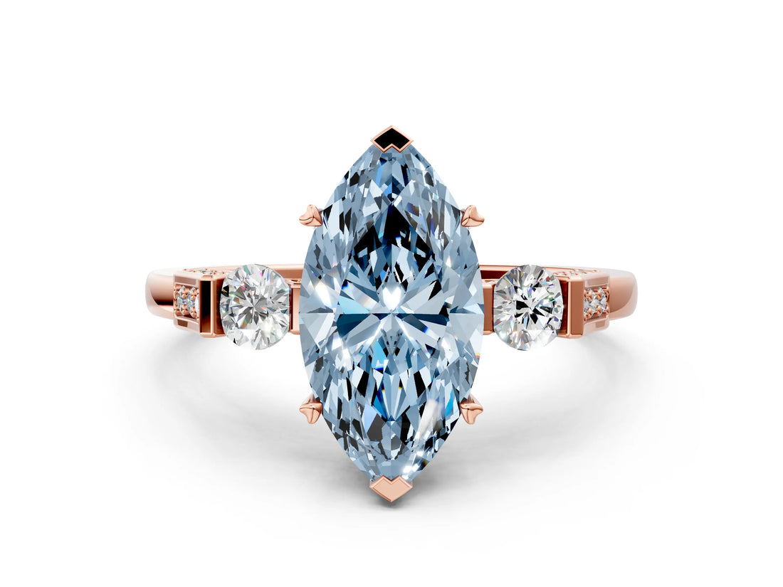 Rose gold Fancy Blue Marquise Cut Brilliant Three-Stone Pave Band with Four-Prong Setting