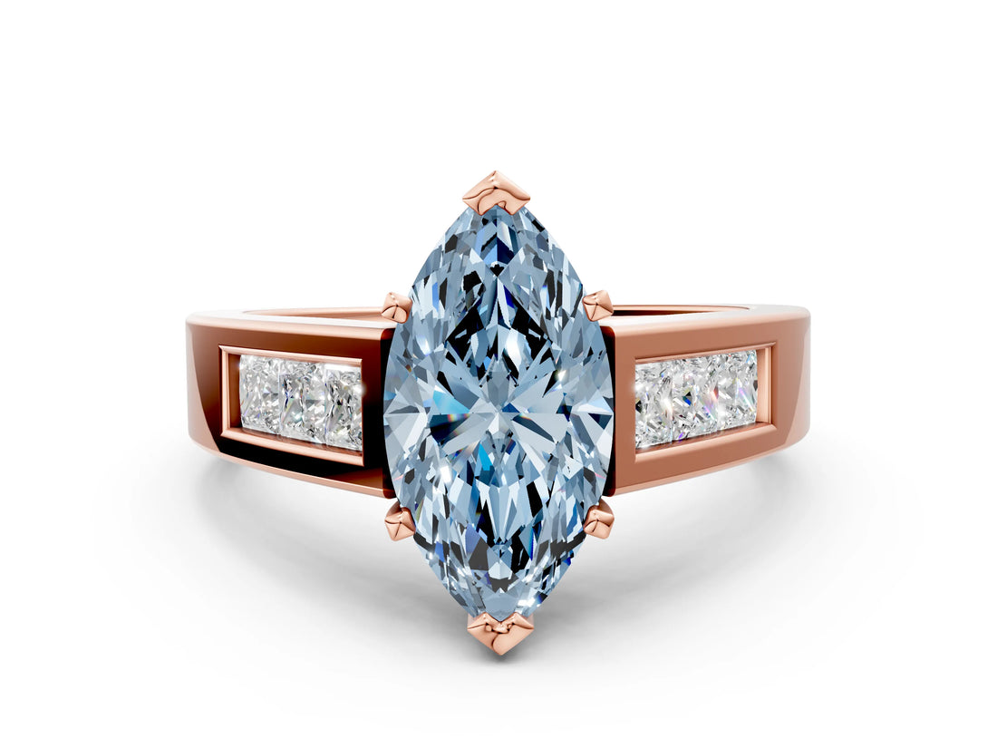 Rose gold Fancy Blue Marquise Cut Cut Channel Set Solitaire Ring with Four-Prong Setting