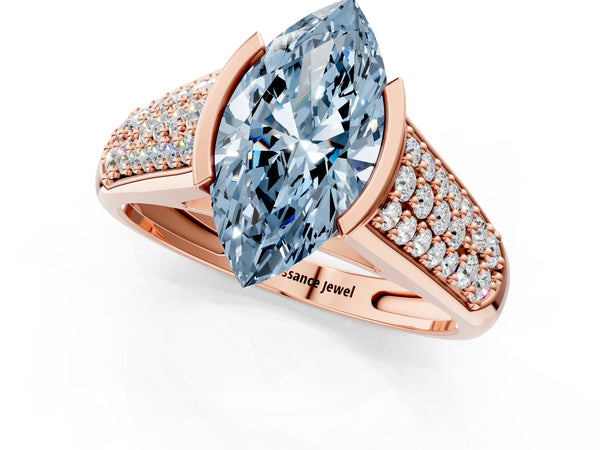 Rose gold Fancy Blue Marquise Cut Diamond Channel Set Pave Band with Tension Prong Setting