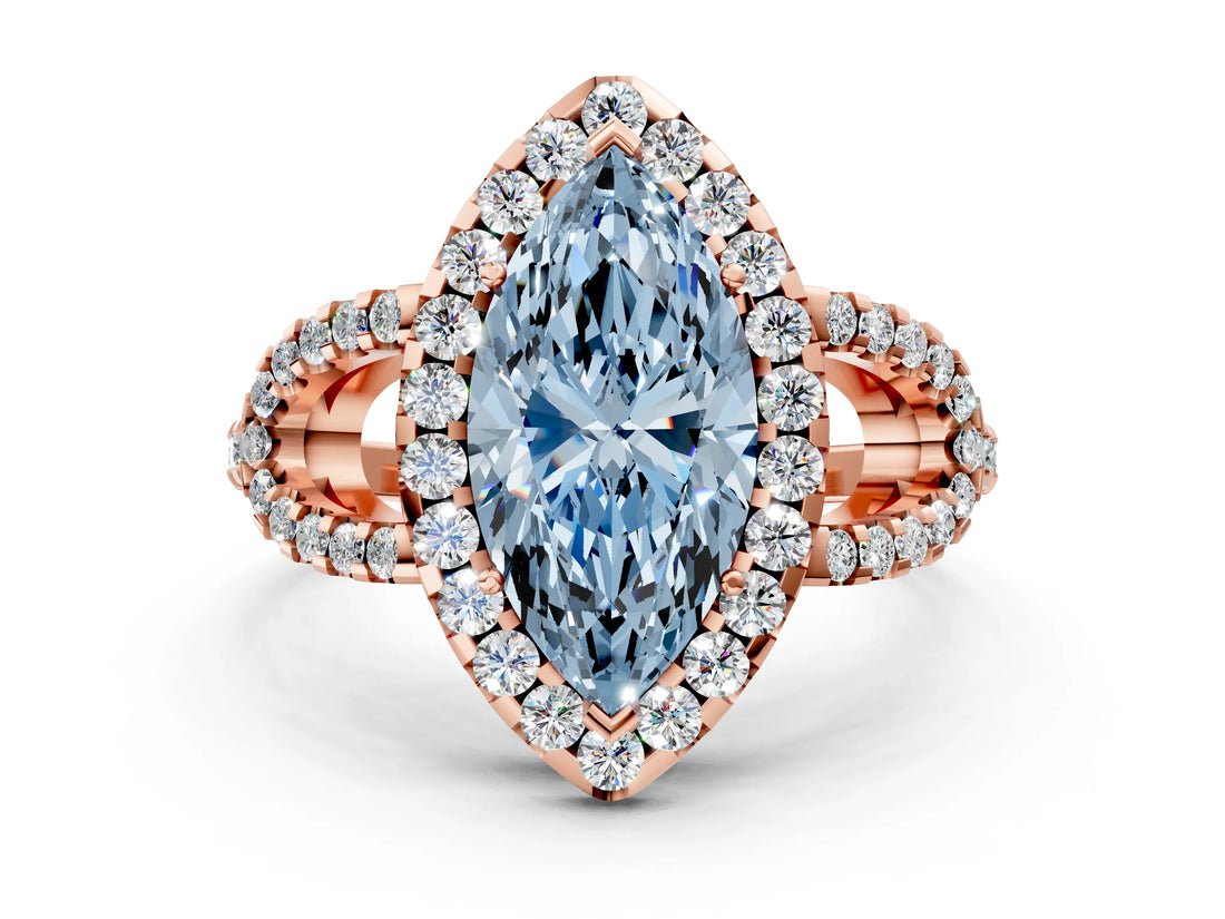 Rose gold Fancy Blue Marquise Cut Cut Diamond Halo Engagement Ring with Open Split Pavé Band