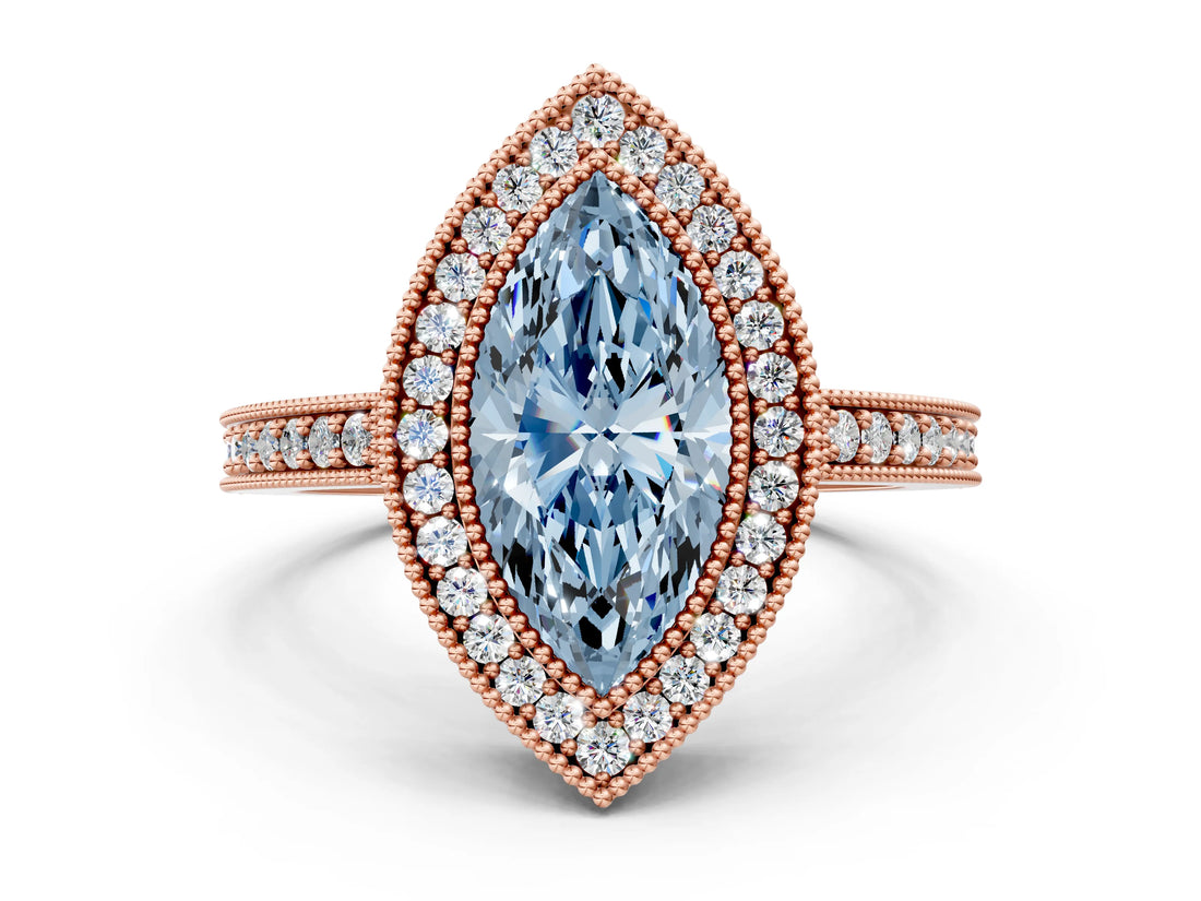Rose gold Fancy Blue Marquise Cut-Cut Diamond Halo Engagement Ring with Pave Band and Prong Setting
