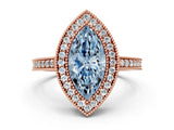 Rose gold Fancy Blue Marquise Cut-Cut Diamond Halo Engagement Ring with Pave Band and Prong Setting