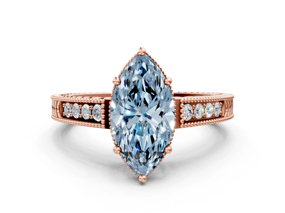 Rose gold Fancy Blue Marquise Cut Cut Diamond Milgrain Pave Band Four-Prong Setting Ring_3