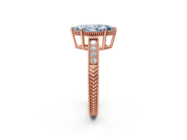 Rose gold Fancy Blue Marquise Cut Cut Diamond Milgrain Pave Band Four-Prong Setting Ring