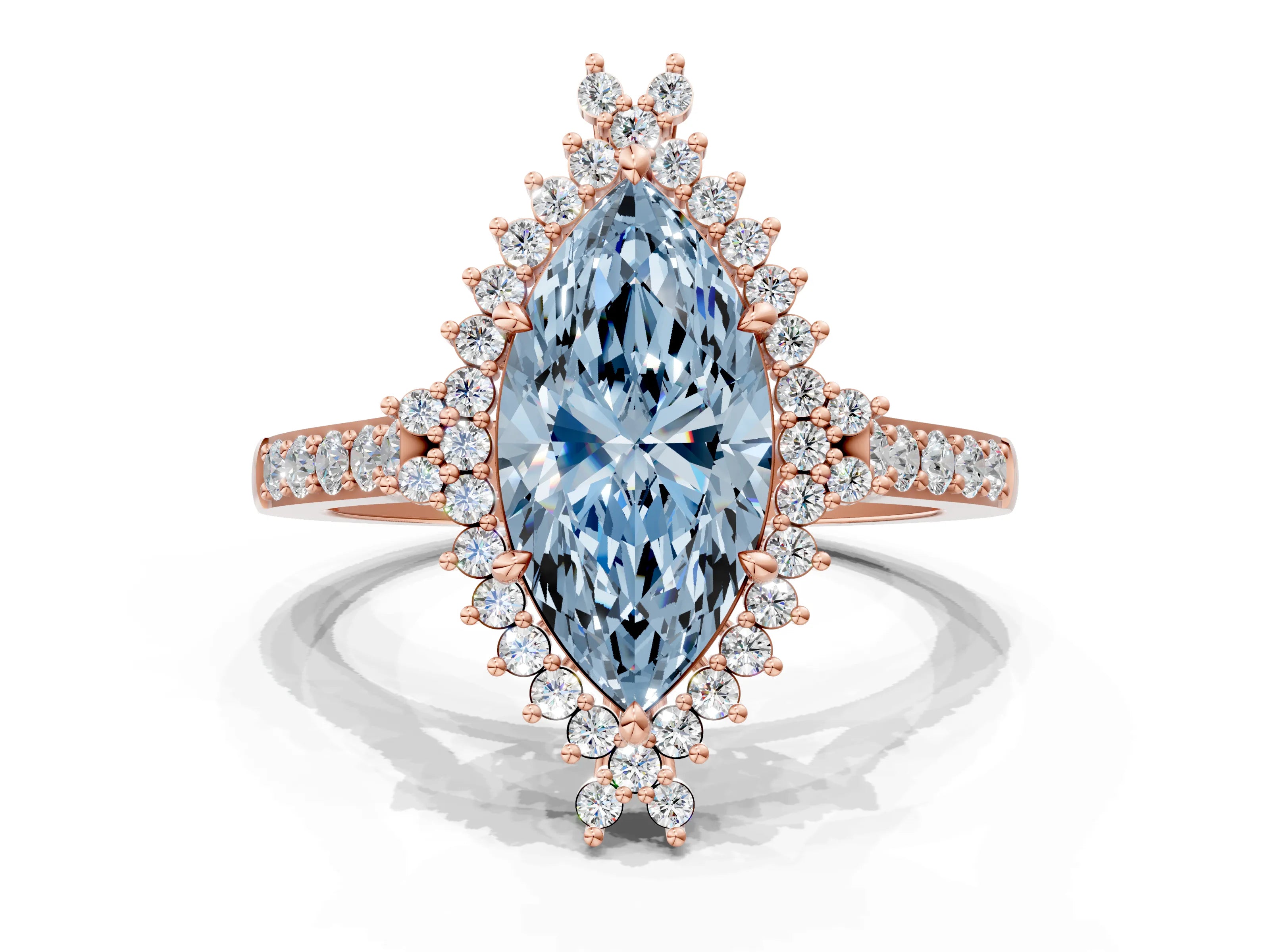 Rose gold Fancy Blue Marquise Cut Cut Diamond Sunburst Halo Engagement Ring with Pavé Band