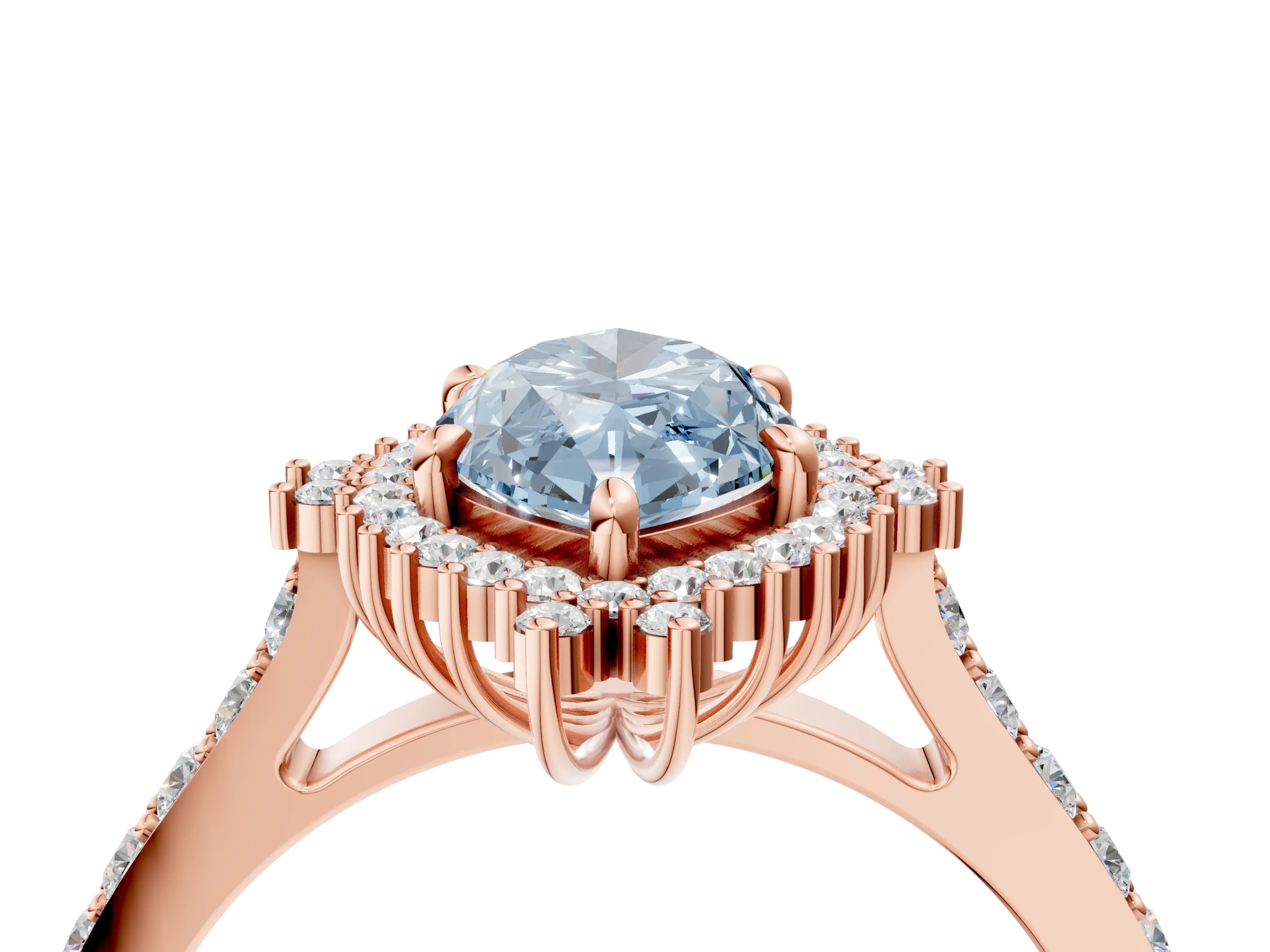 Rose gold Fancy Blue Marquise Cut Cut Diamond Sunburst Halo Engagement Ring with Pavé Band_4