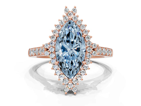 Rose gold Fancy Blue Marquise Cut Cut Diamond Sunburst Halo Engagement Ring with Pavé Band