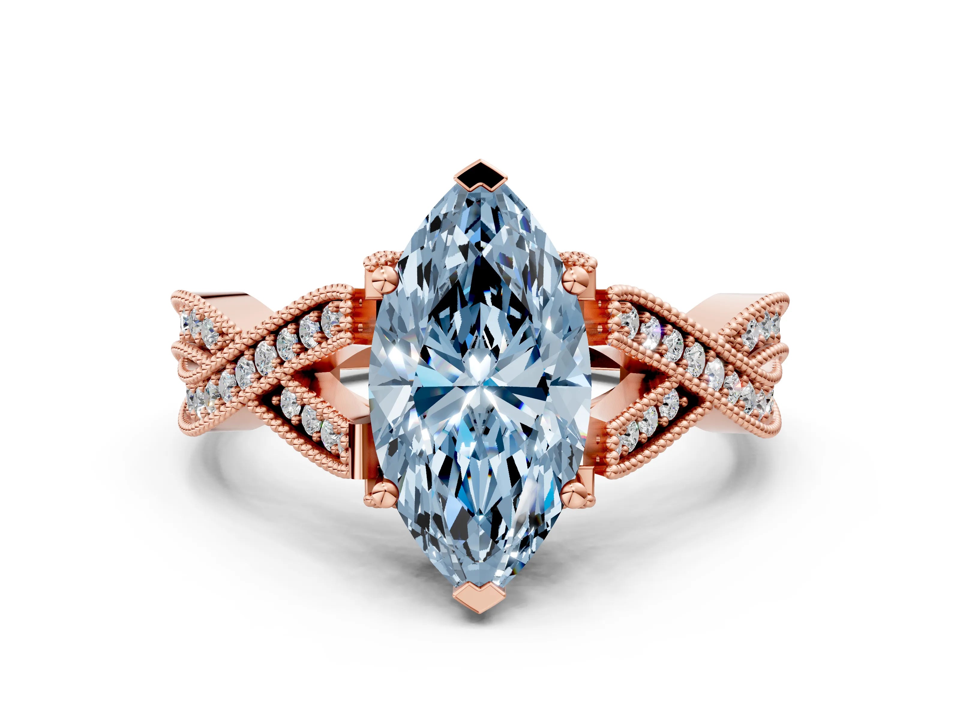 Rose gold Fancy Blue Marquise Cut Cut Diamond Twisted Band with Milgrain Pave Setting and Four-Prong Setting