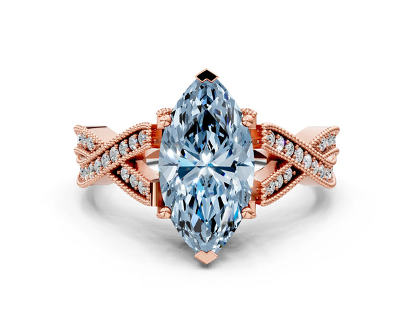 Rose gold Fancy Blue Marquise Cut Cut Diamond Twisted Band with Milgrain Pave Setting and Four-Prong Setting