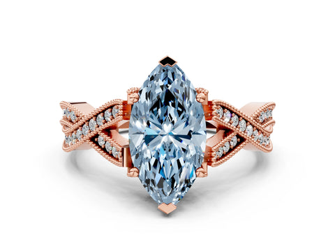 Rose gold Fancy Blue Marquise Cut Cut Diamond Twisted Band with Milgrain Pave Setting and Four-Prong Setting