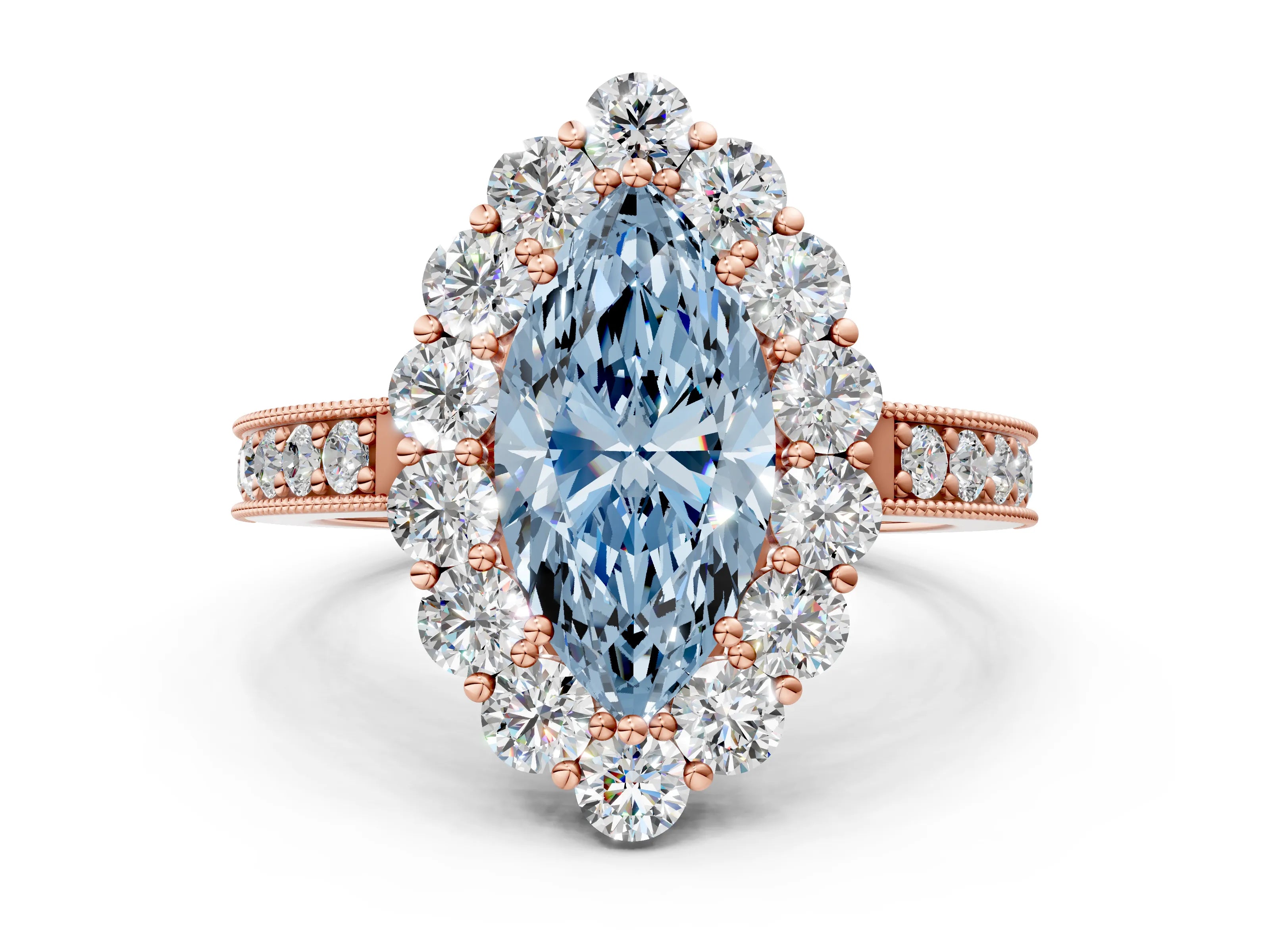 Rose gold Fancy Blue Marquise Cut Cut Halo Diamond Pavé Engagement Ring with Milgrain Detailing