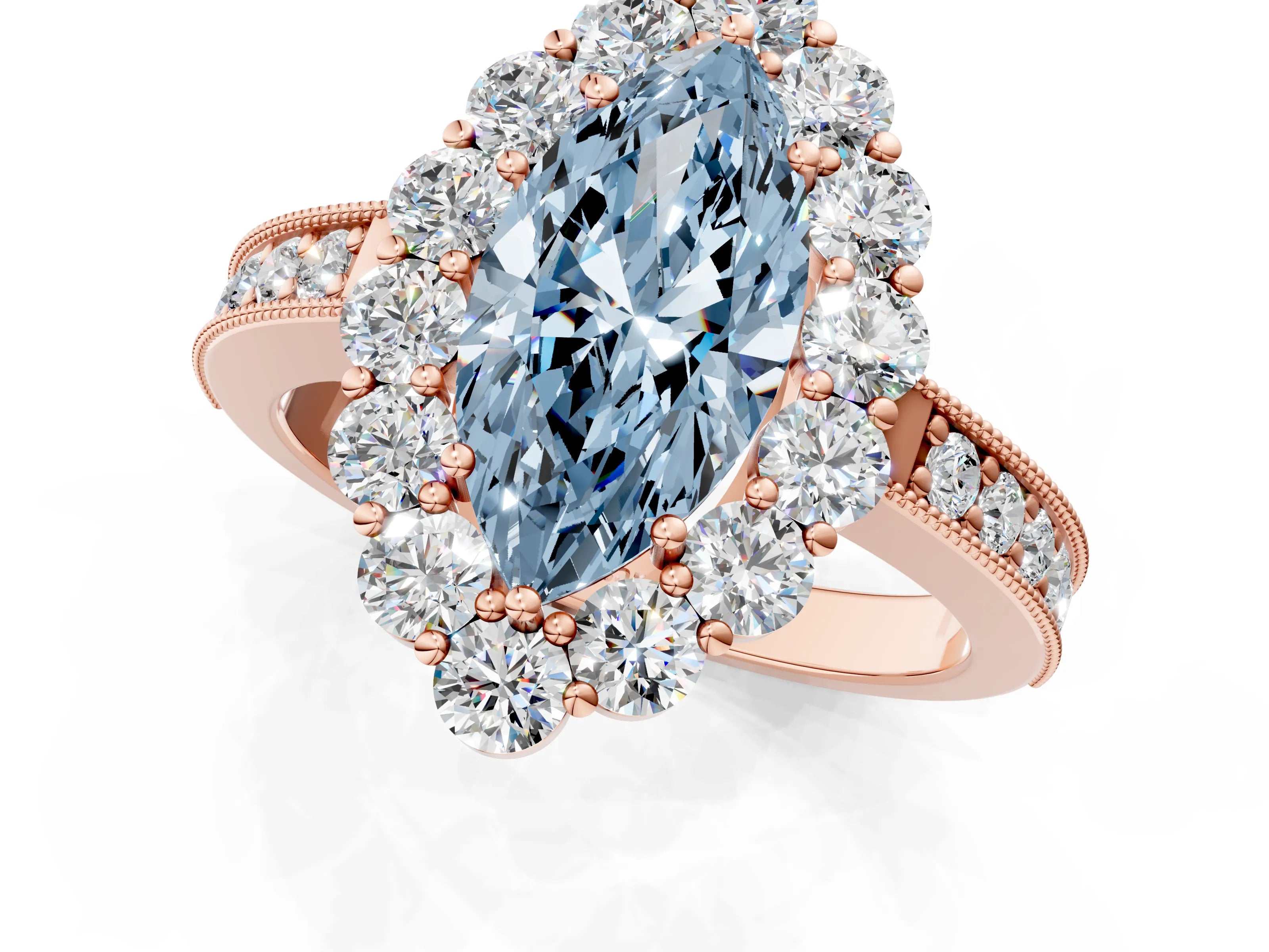 Rose gold Fancy Blue Marquise Cut Cut Halo Diamond Pavé Engagement Ring with Milgrain Detailing_1