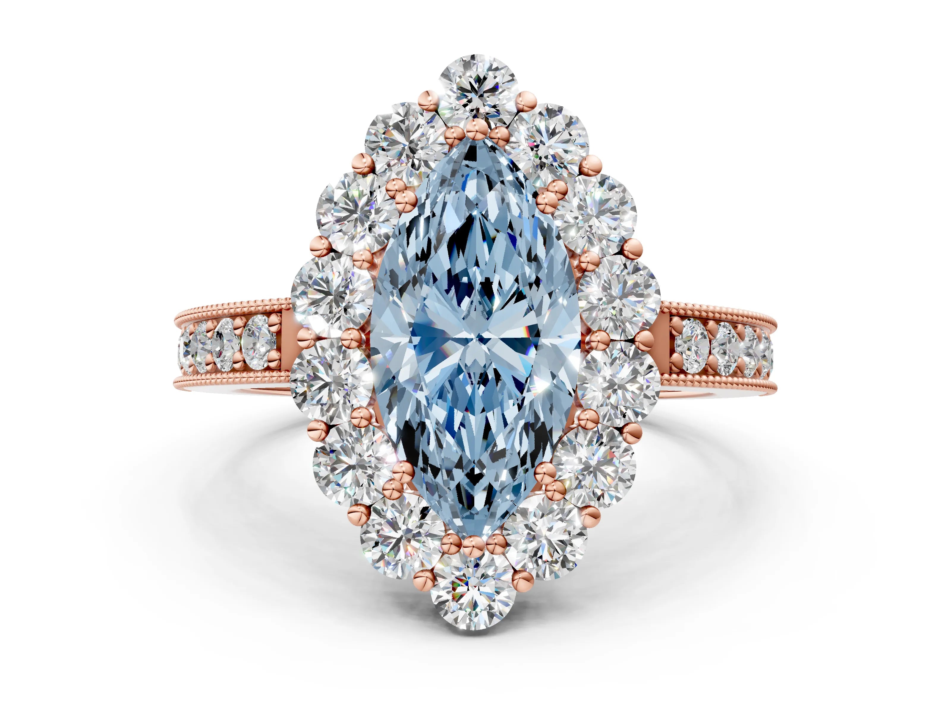 Rose gold Fancy Blue Marquise Cut Cut Halo Diamond Pavé Engagement Ring with Milgrain Detailing_12