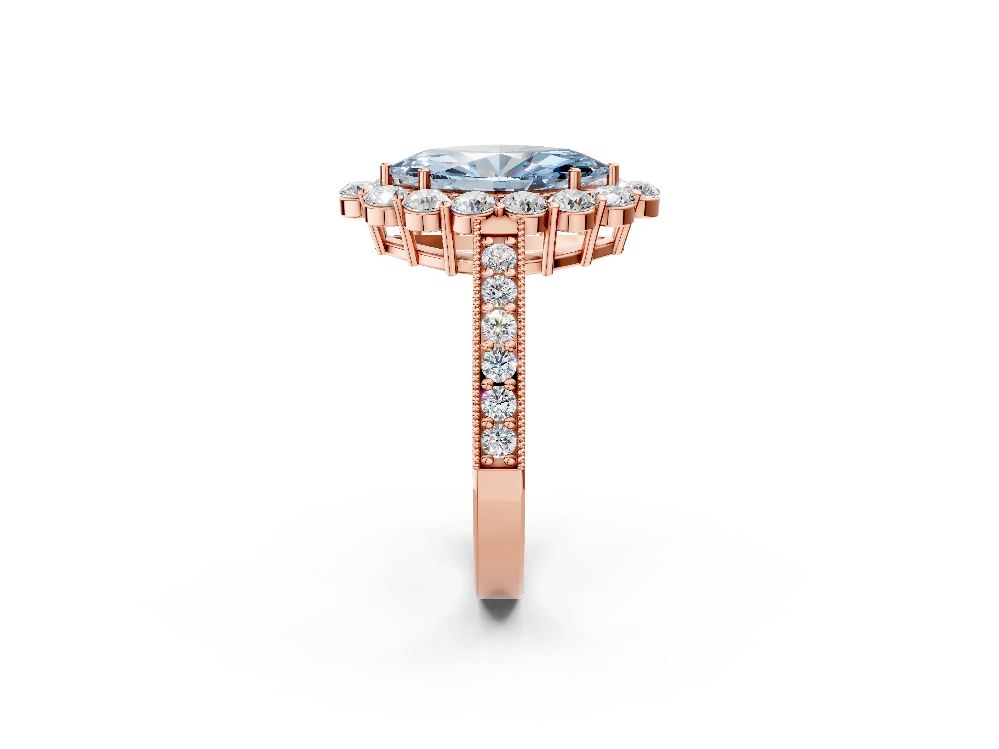 Rose gold Fancy Blue Marquise Cut Cut Halo Diamond Pavé Engagement Ring with Milgrain Detailing_14