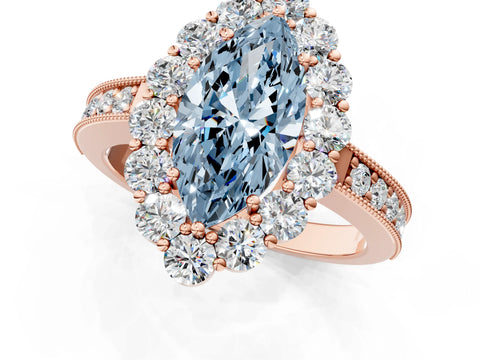 Rose gold Fancy Blue Marquise Cut Cut Halo Diamond Pavé Engagement Ring with Milgrain Detailing_1