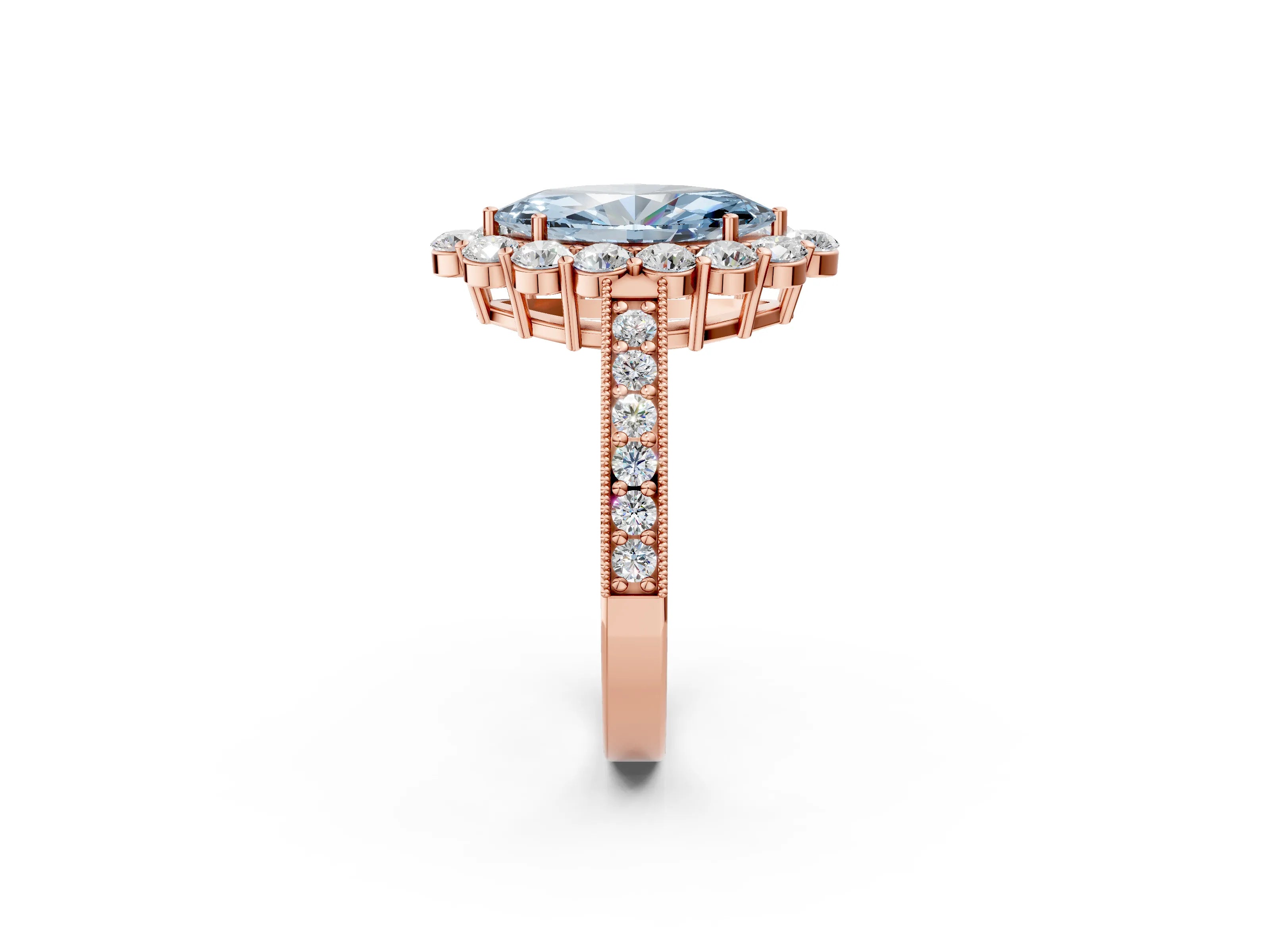 Rose gold Fancy Blue Marquise Cut Cut Halo Diamond Pavé Engagement Ring with Milgrain Detailing_2