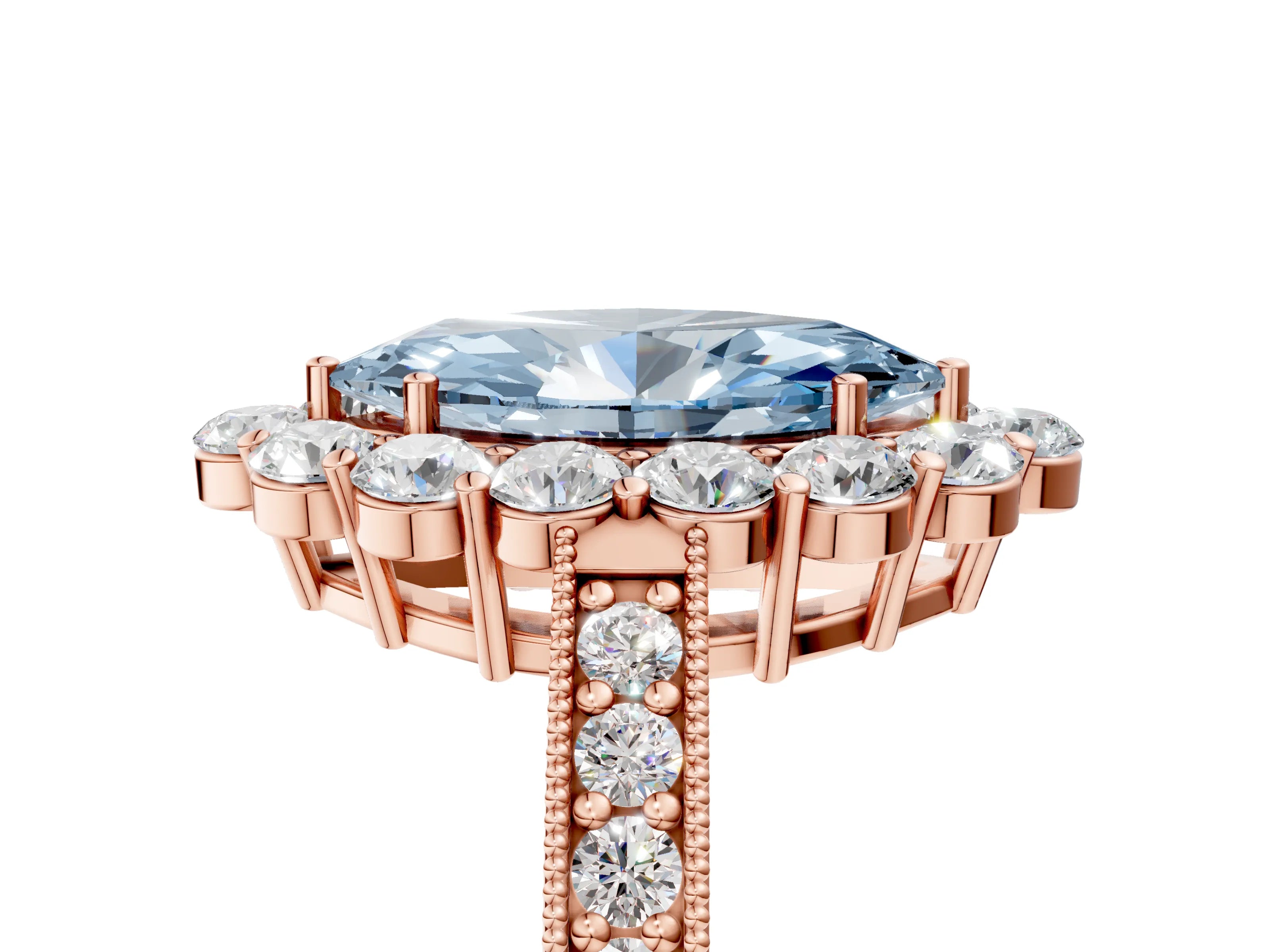 Rose gold Fancy Blue Marquise Cut Cut Halo Diamond Pavé Engagement Ring with Milgrain Detailing_5