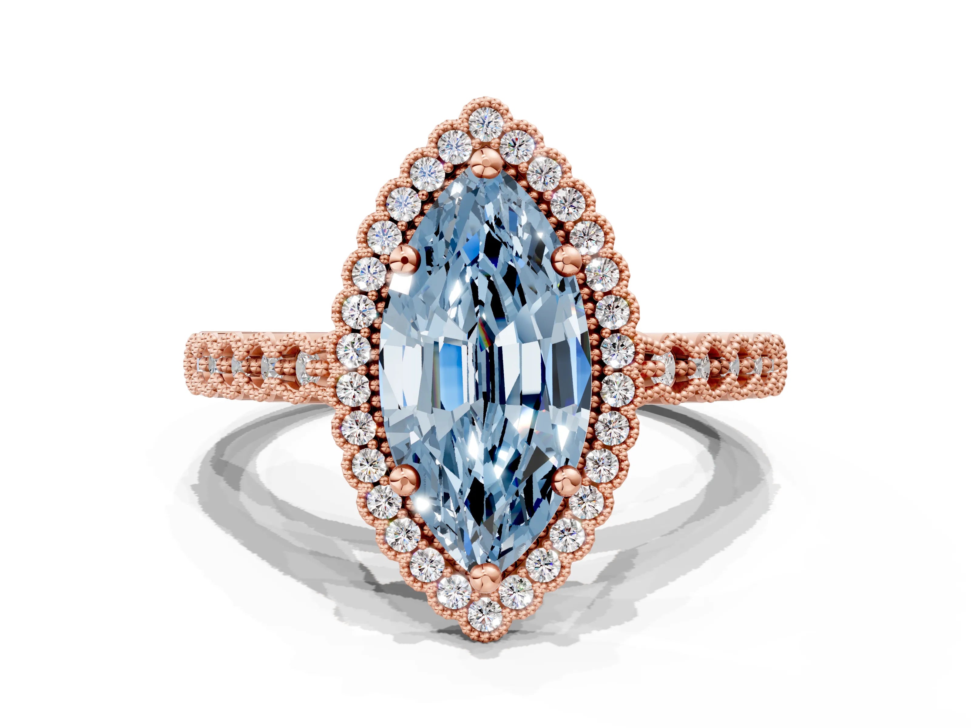 Rose gold Fancy Blue Marquise Cut Cut Halo Pavé Solitaire Ring with Milgrain Band
