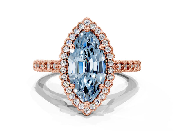 Rose gold Fancy Blue Marquise Cut Cut Halo Pavé Solitaire Ring with Milgrain Band