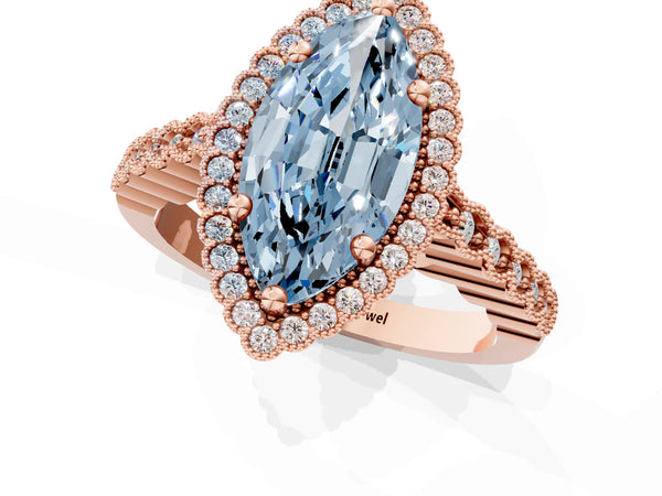 Rose gold Fancy Blue Marquise Cut Cut Halo Pavé Solitaire Ring with Milgrain Band
