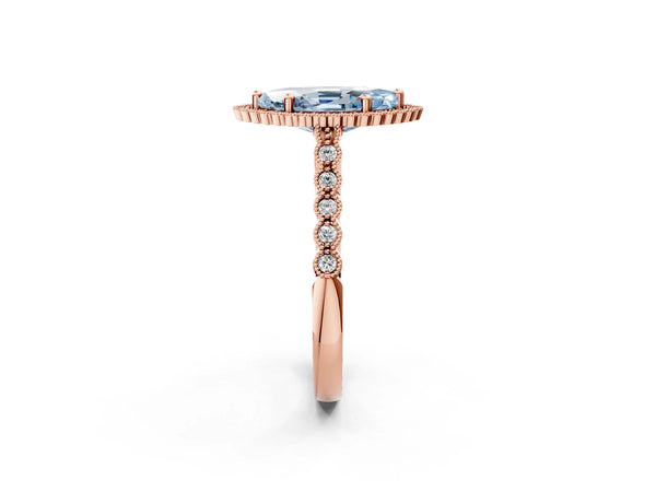 Rose gold Fancy Blue Marquise Cut Cut Halo Pavé Solitaire Ring with Milgrain Band