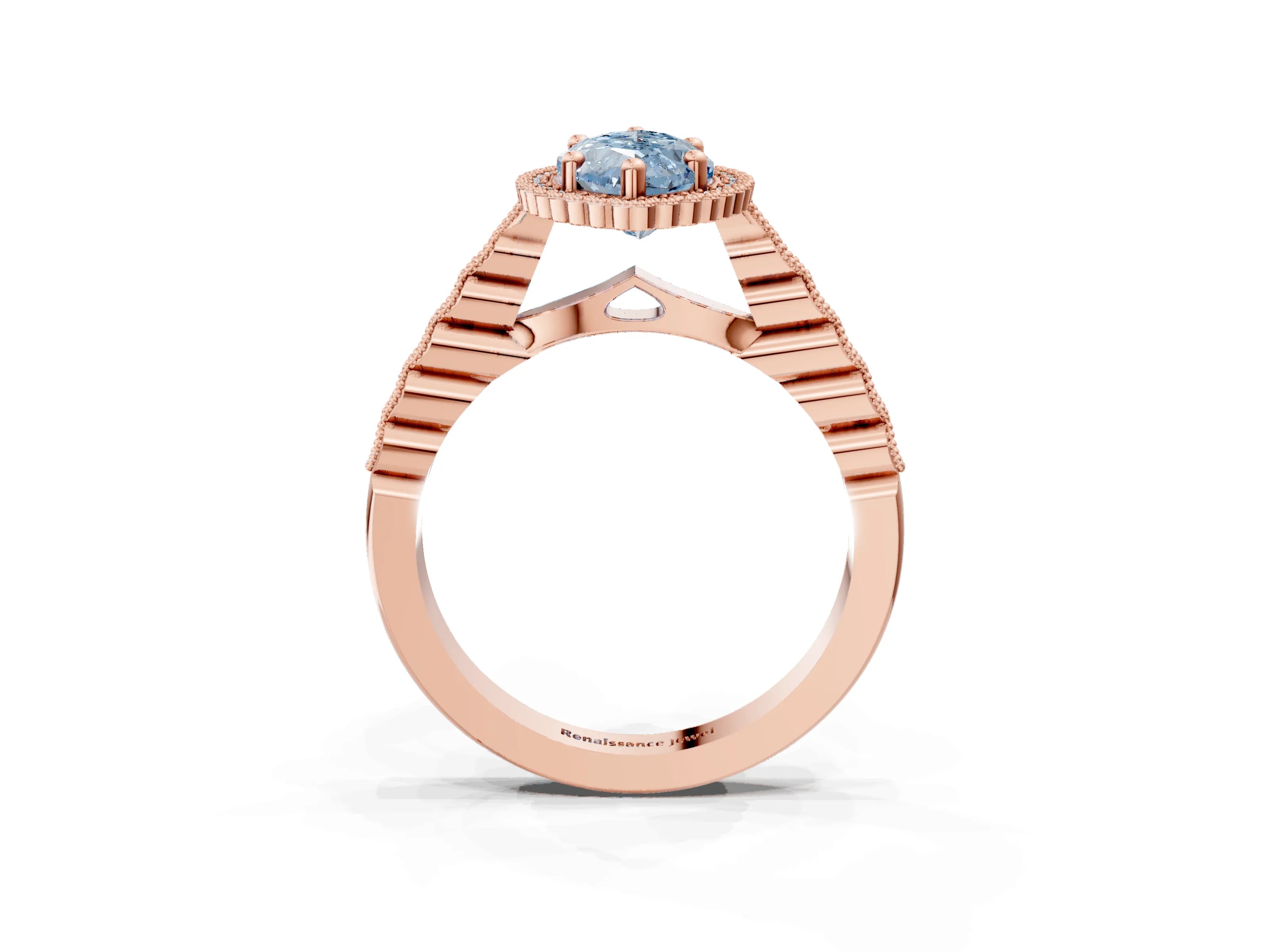 Rose gold Fancy Blue Marquise Cut Cut Halo Pavé Solitaire Ring with Milgrain Band_3