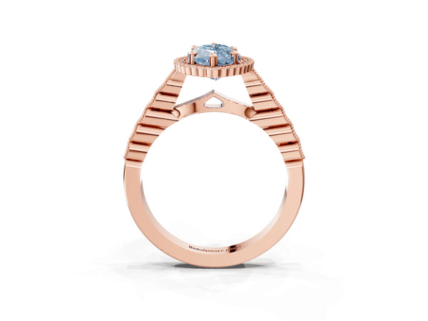 Rose gold Fancy Blue Marquise Cut Cut Halo Pavé Solitaire Ring with Milgrain Band