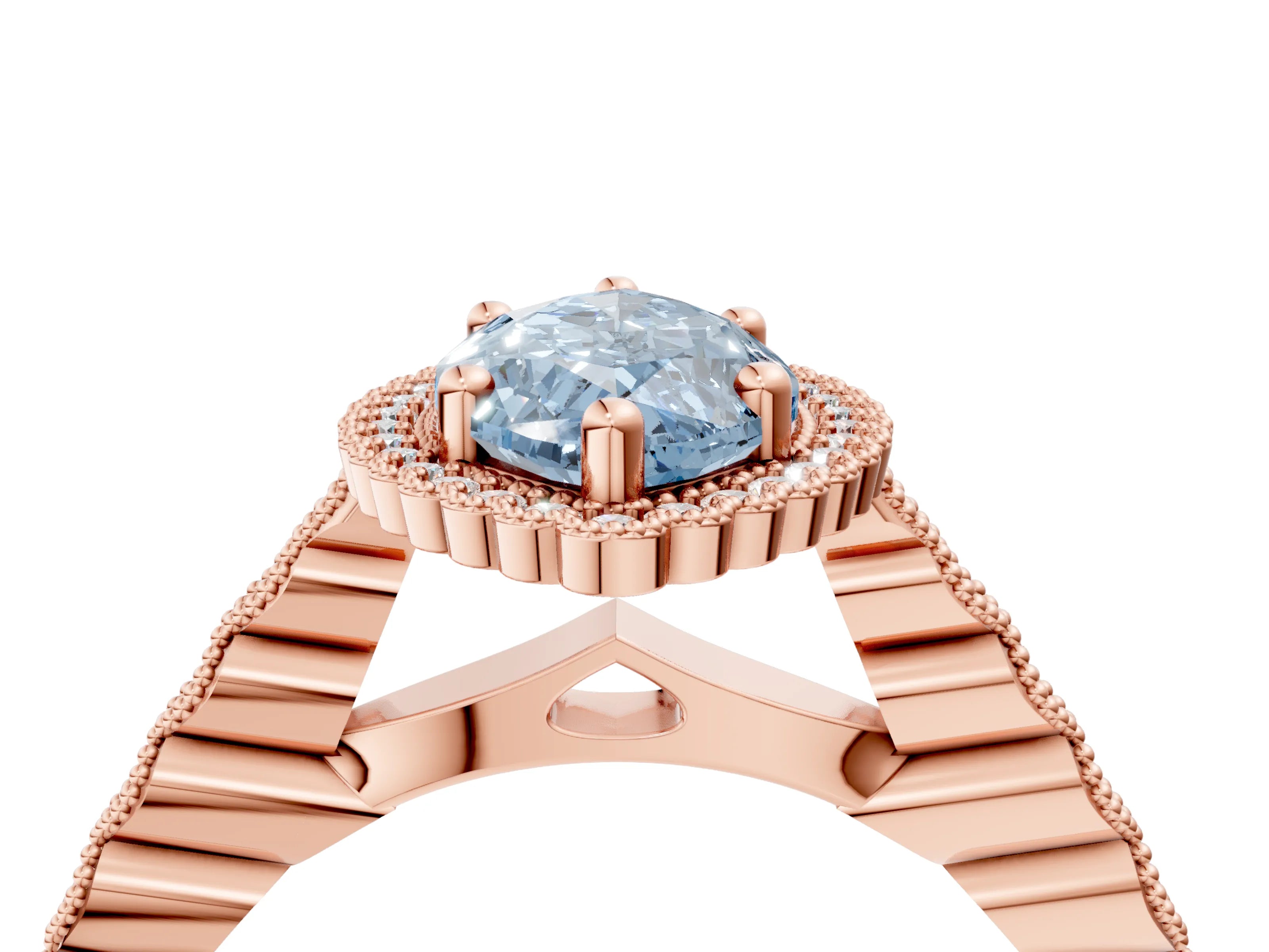 Rose gold Fancy Blue Marquise Cut Cut Halo Pavé Solitaire Ring with Milgrain Band_4