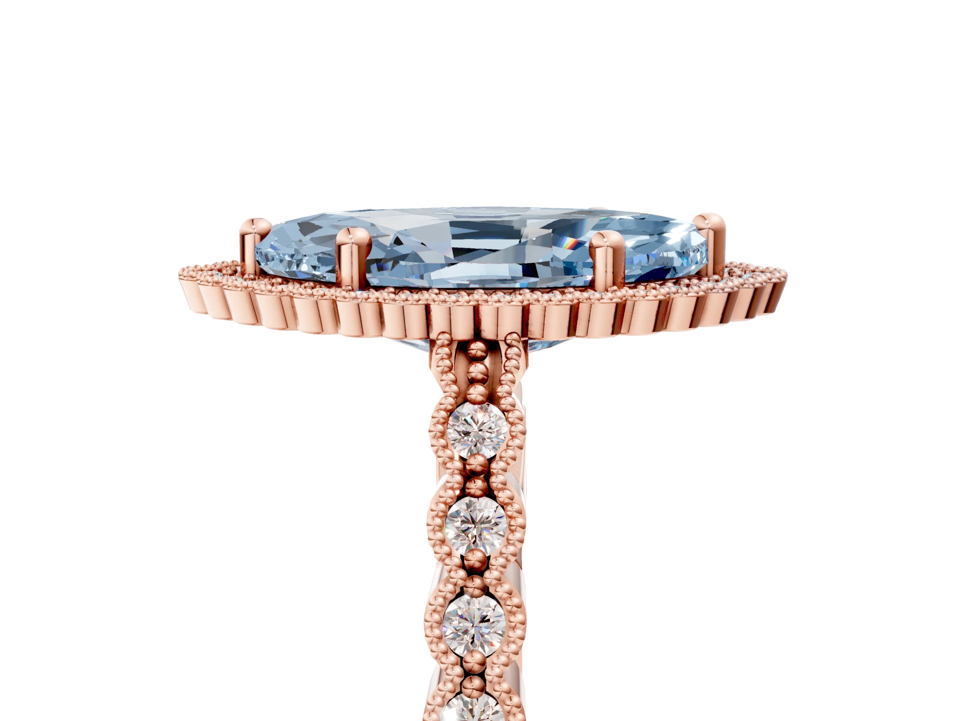 Rose gold Fancy Blue Marquise Cut Cut Halo Pavé Solitaire Ring with Milgrain Band_5