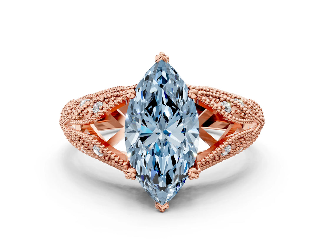 Rose gold Fancy Blue Marquise Cut Cut Milgrain Pave Diamond Engagement Ring with Four-Prong Setting_3