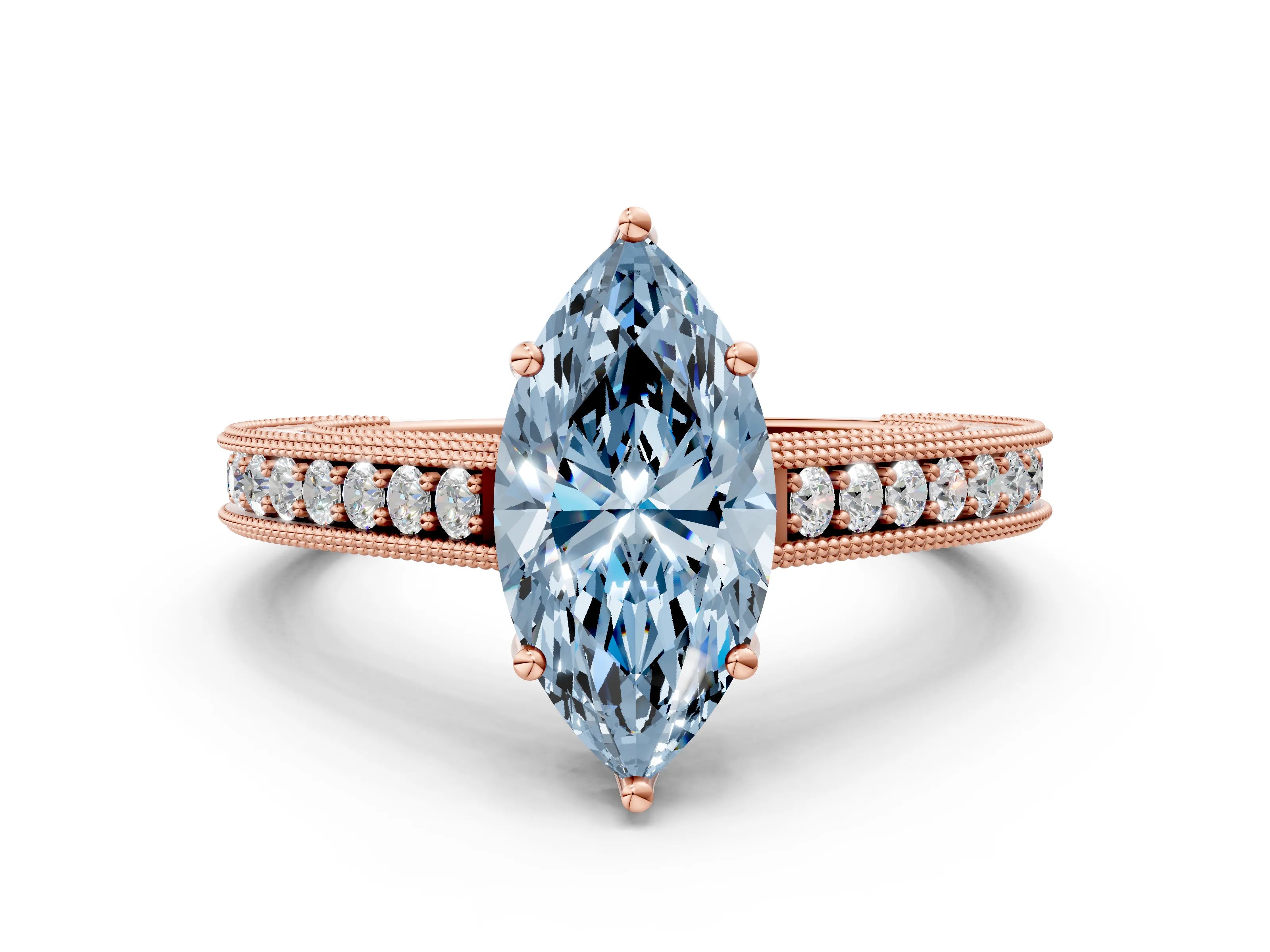 Rose gold Fancy Blue Marquise Cut Cut Pave Band Milgrain Solitaire Ring