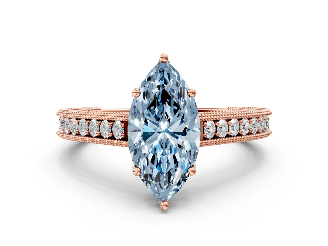 Rose gold Fancy Blue Marquise Cut Cut Pave Band Milgrain Solitaire Ring
