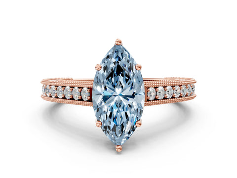 Rose gold Fancy Blue Marquise Cut Cut Pave Band Milgrain Solitaire Ring