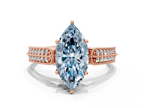 Rose gold Fancy Blue Marquise Cut Cut Pave Split Shank Engagement Ring with Four-Prong Setting