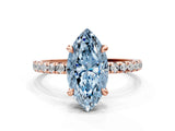 Rose gold Fancy Blue Marquise Cut Diamond Brilliant Solitaire Ring with Pavé Band and Four-Prong Setting
