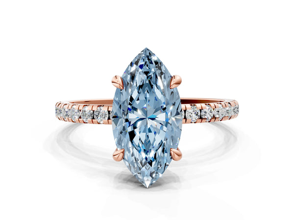 Rose gold Fancy Blue Marquise Cut Diamond Brilliant Solitaire Ring with Pavé Band and Four-Prong Setting