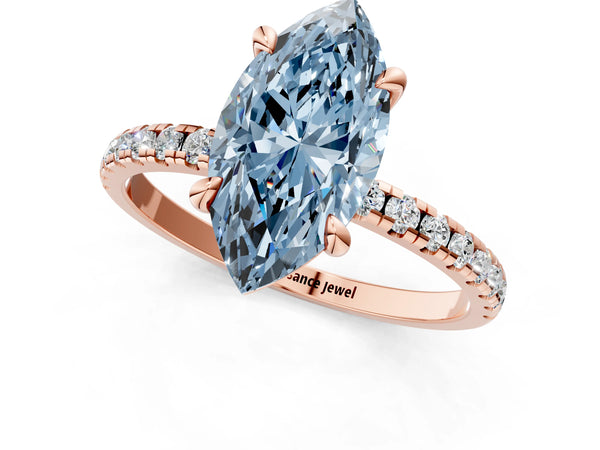 Rose gold Fancy Blue Marquise Cut Diamond Brilliant Solitaire Ring with Pavé Band and Four-Prong Setting