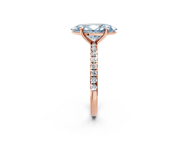 Rose gold Fancy Blue Marquise Cut Diamond Brilliant Solitaire Ring with Pavé Band and Four-Prong Setting
