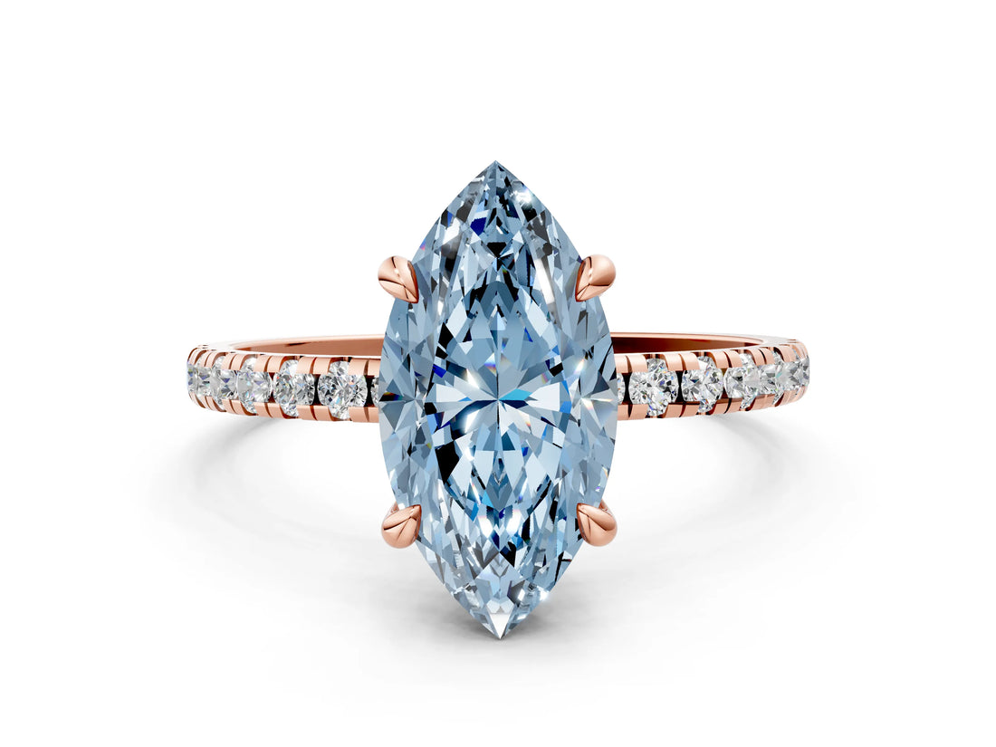 Rose gold Fancy Blue Marquise Cut Diamond Brilliant Solitaire Ring with Pavé Band and Four-Prong Setting_24